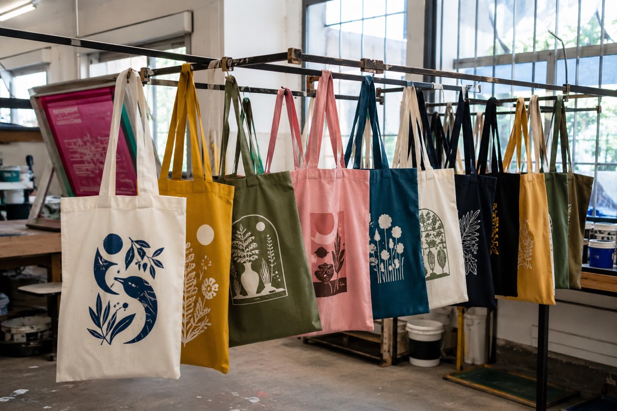 Screen printing on tote bags and banners